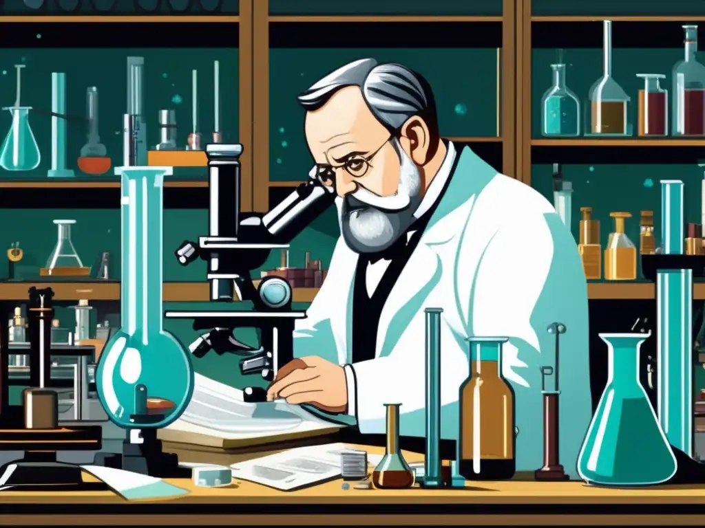 En la ilustración, Louis Pasteur está inmerso en su laboratorio, con equipo científico a su alrededor