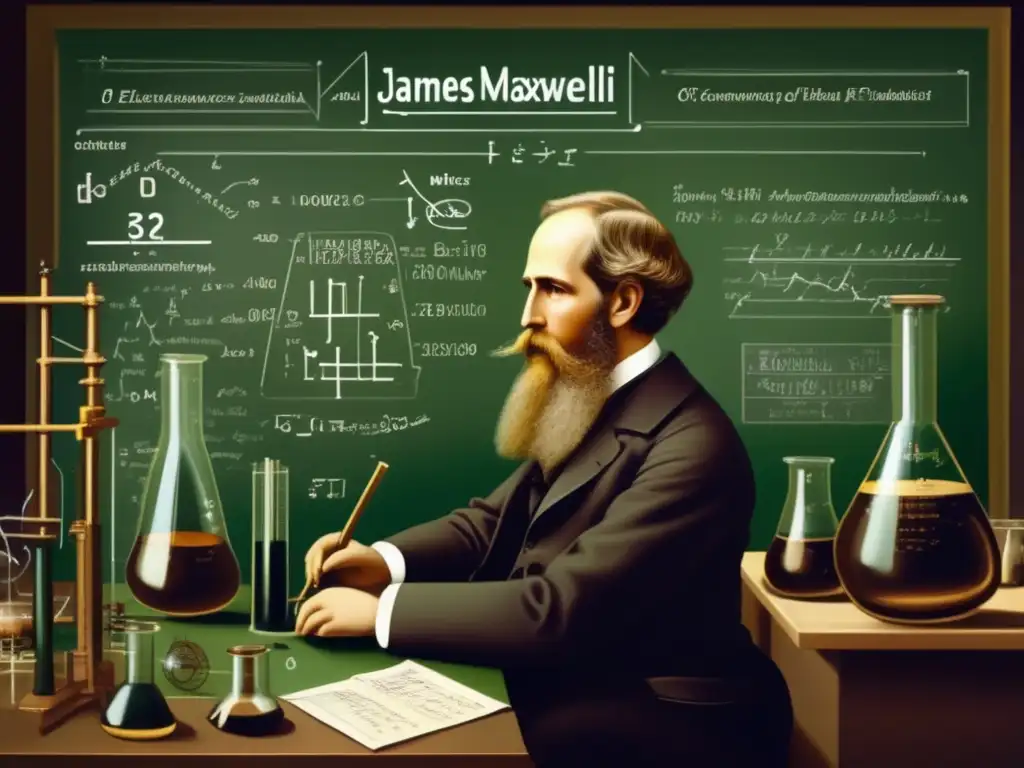 James Clerk Maxwell inmerso en su laboratorio, rodeado de instrumentos científicos y ecuaciones en la pizarra