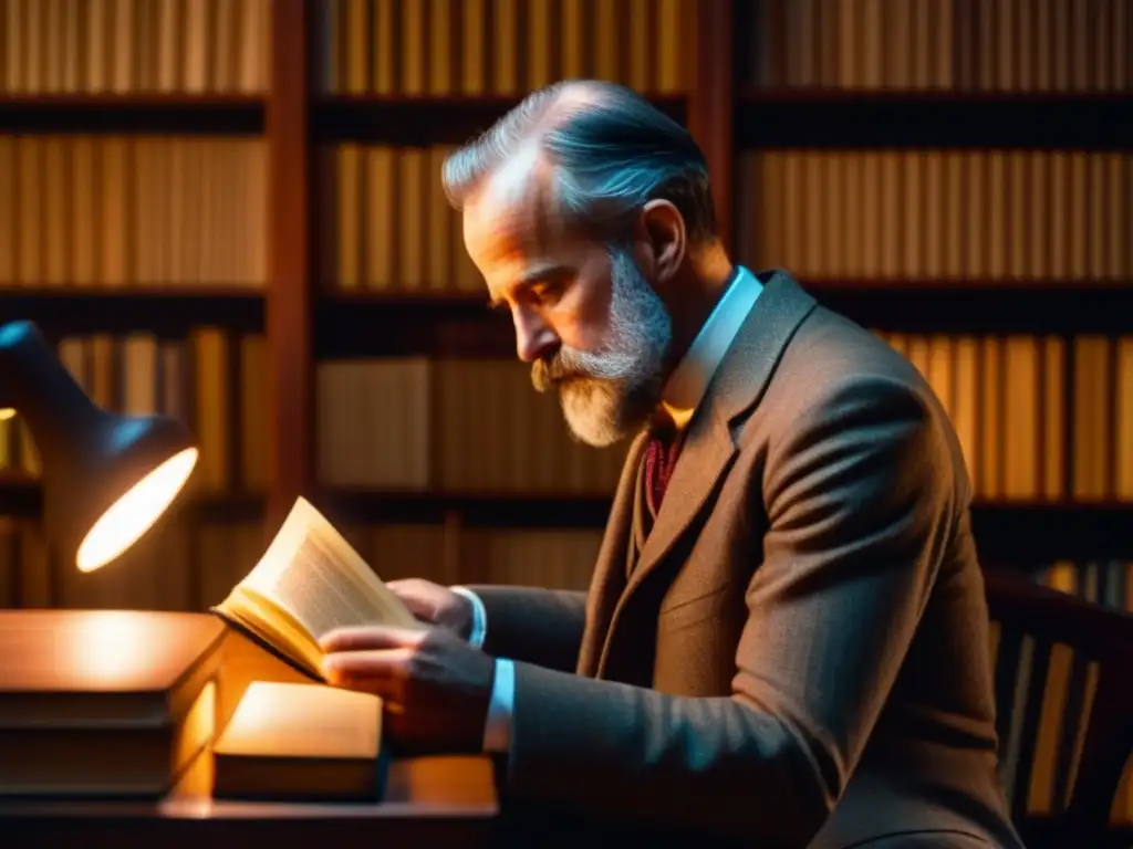 William James inmerso en la lectura en una biblioteca tenue, rodeado de libros antiguos
