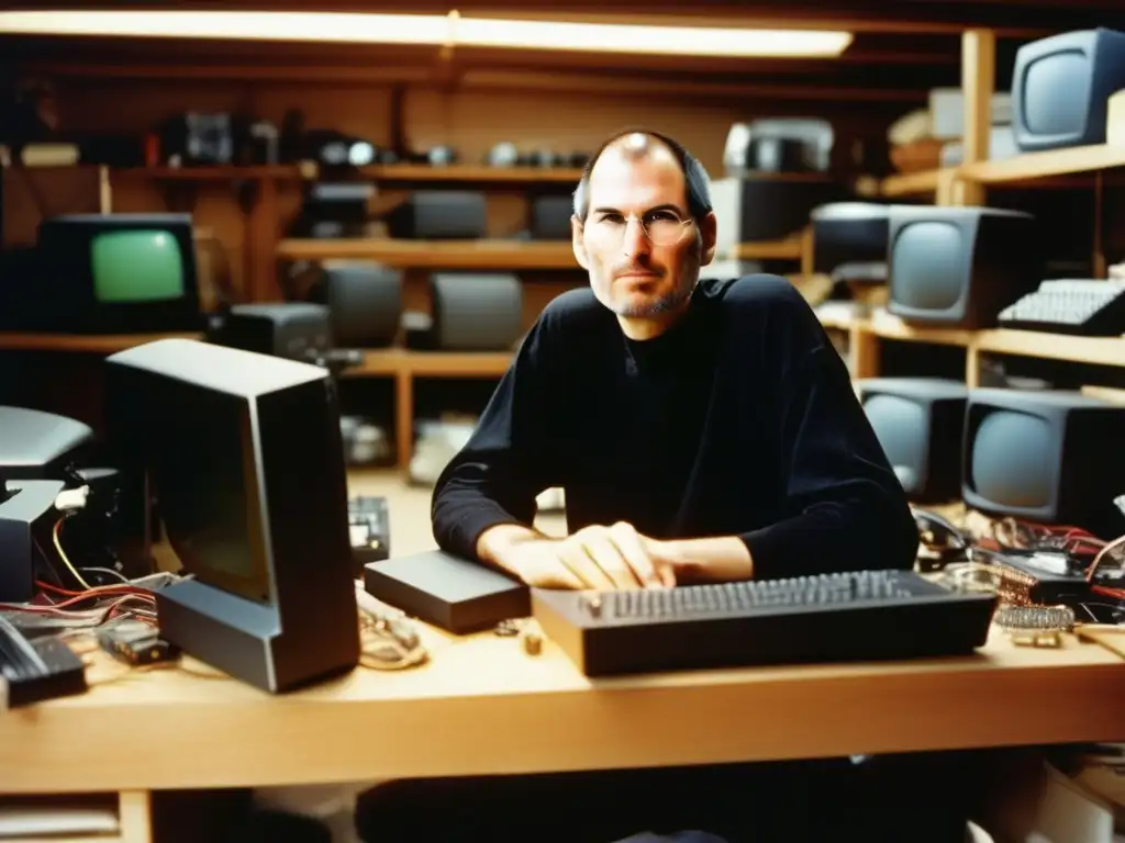 Steve Jobs inmerso en su legado, rodeado de prototipos en un garaje iluminado por rayos de sol, reflejando su influencia en la revolución digital