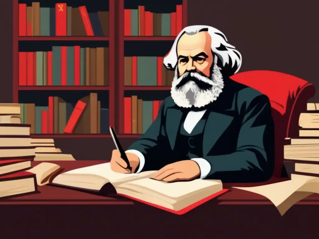 En la ilustración, Karl Marx está inmerso en el materialismo histórico, rodeado de libros y papeles mientras contempla la lucha de clases