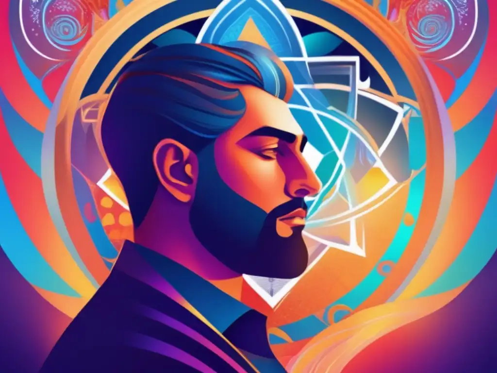 Isaac Luria inmerso en la interpretación mística del Judaísmo, rodeado de patrones etéreos y colores vibrantes
