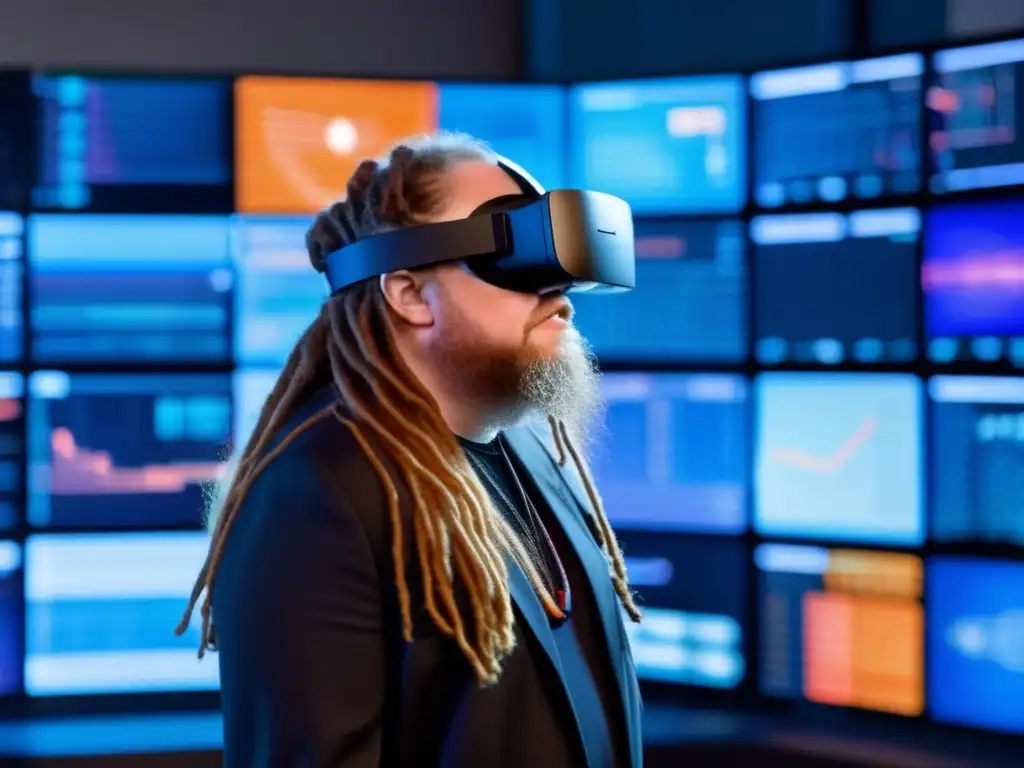 Jaron Lanier inmerso en el mundo de la realidad virtual, rodeado de datos holográficos