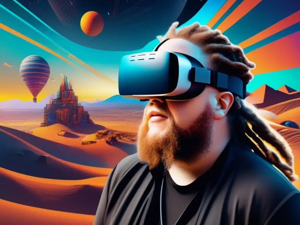 Jaron Lanier inmerso en un mundo de realidad virtual, rodeado de tecnología futurista y visuales inmersivos