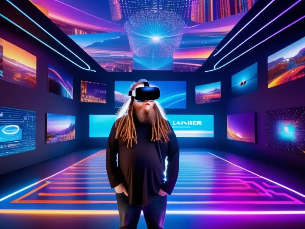 Jaron Lanier inmerso en un mundo virtual futurista de colores vibrantes y paisajes digitales, rodeado de hologramas de código y datos