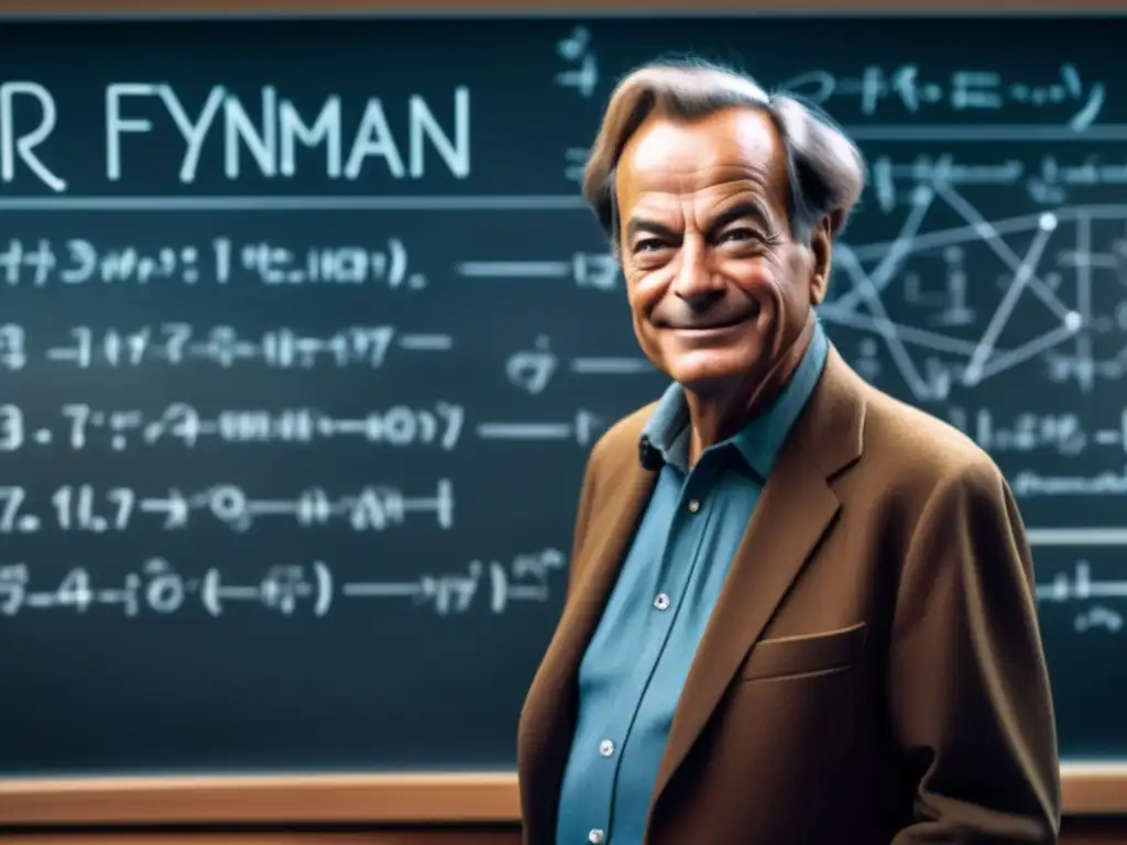 Richard Feynman inmerso en la nanotecnología, concentrado frente a una pizarra llena de ecuaciones y teorías revolucionarias