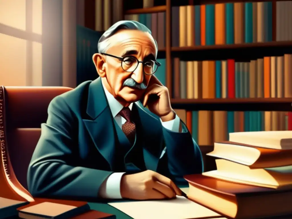 Friedrich Hayek inmerso en el pensamiento económico, rodeado de libros y reflexiones, en una imagen moderna y vibrante