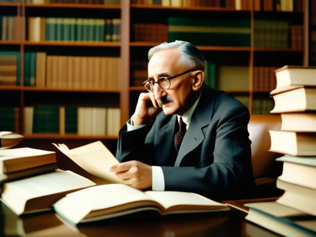Friedrich Hayek profundamente inmerso en el pensamiento económico, rodeado de libros y papeles, reflejando intensidad y rigor intelectual