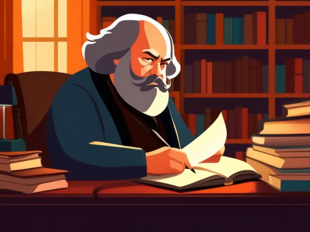 Mikhail Bakunin inmerso en pensamientos profundos, rodeado de libros y papeles en su escritorio