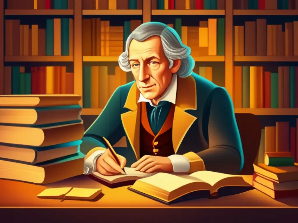 Jacob Grimm, inmerso en pensamientos, rodeado de libros antiguos