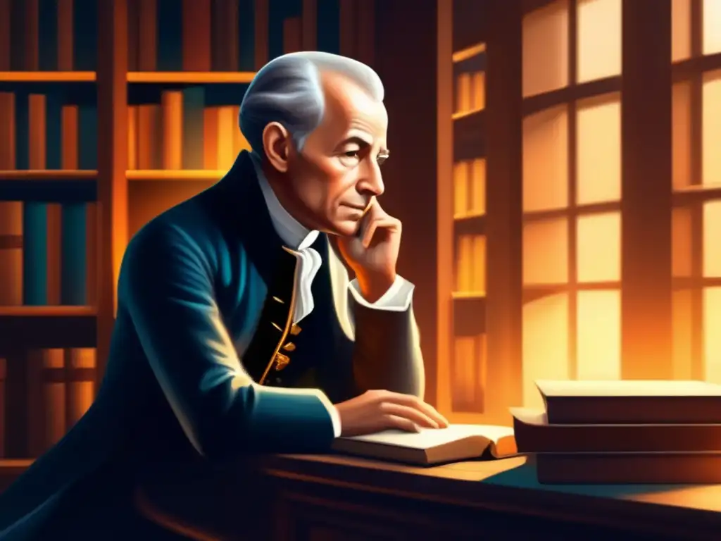Immanuel Kant inmerso en pensamientos, rodeado de libros antiguos y luz etérea