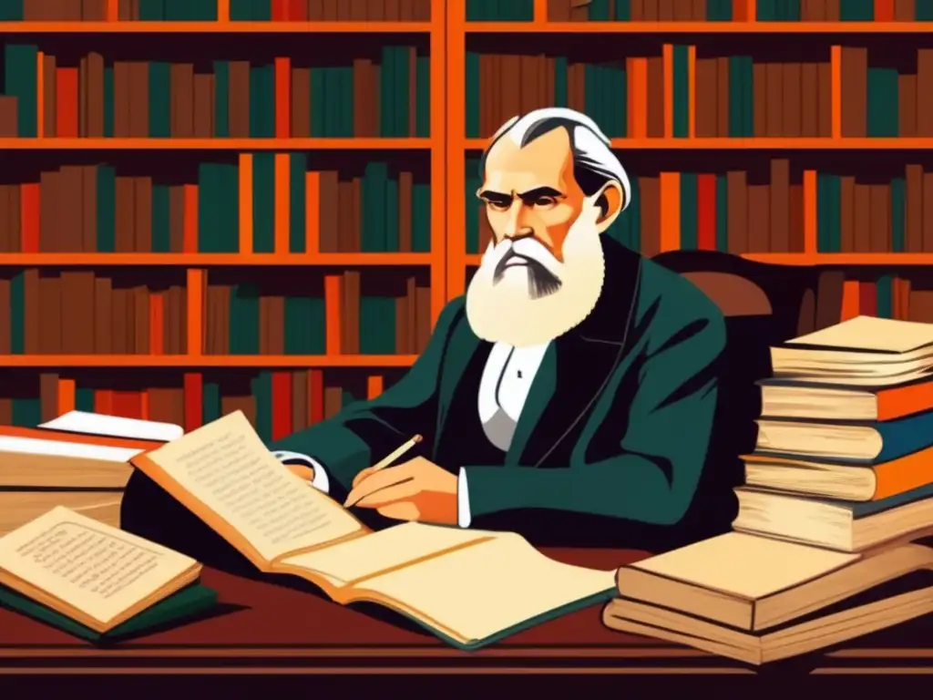 En la ilustración, Leo Tolstoy está inmerso en sus pensamientos, rodeado de libros y papeles, reflejando su profunda naturaleza intelectual