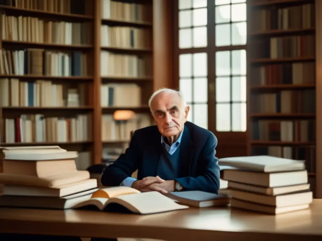Michel Serres inmerso en sus pensamientos, rodeado de libros y papeles en un ambiente sereno y reflexivo