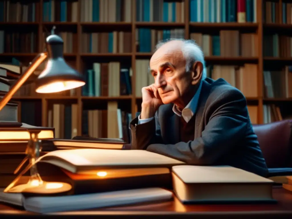 Michel Serres inmerso en pensamientos, rodeado de libros y objetos científicos, reflejando la fusión entre ciencia y filosofía