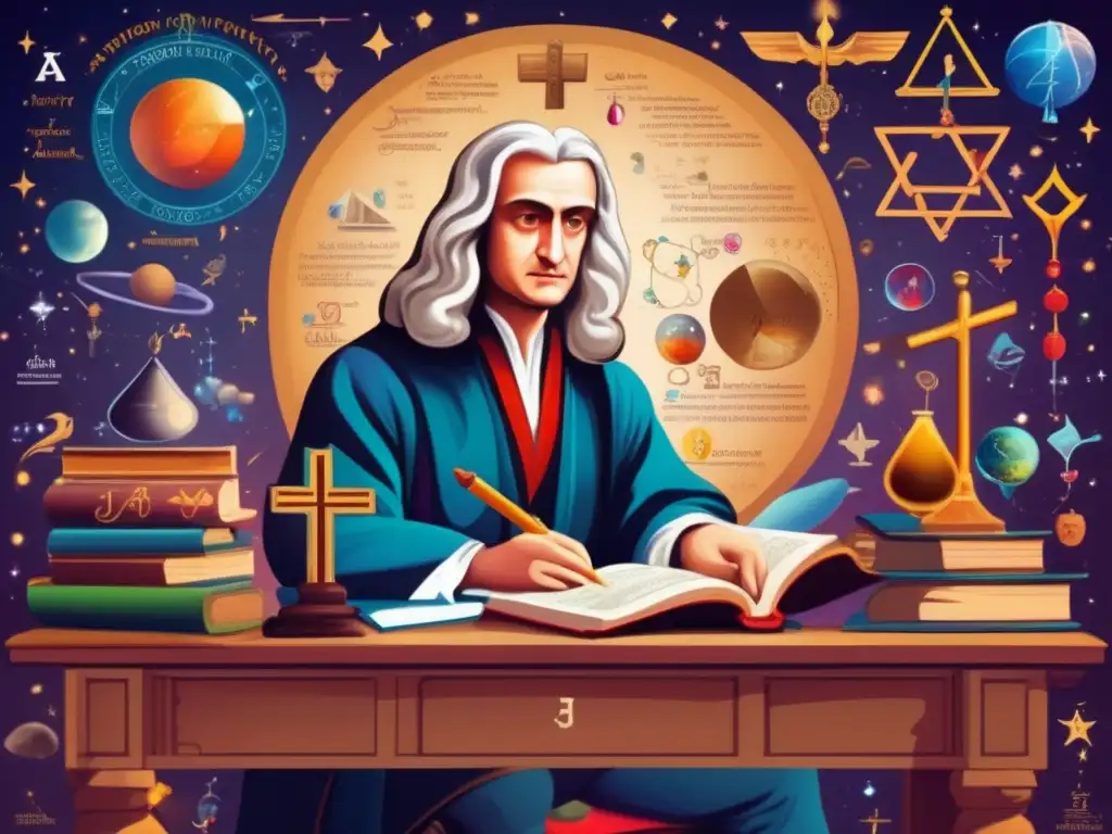 Isaac Newton inmerso en pensamientos, rodeado de símbolos religiosos y científicos