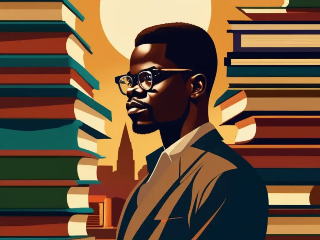 Patrice Lumumba inmerso en la filosofía política, rodeado de libros, con una mirada intensa y colores vibrantes