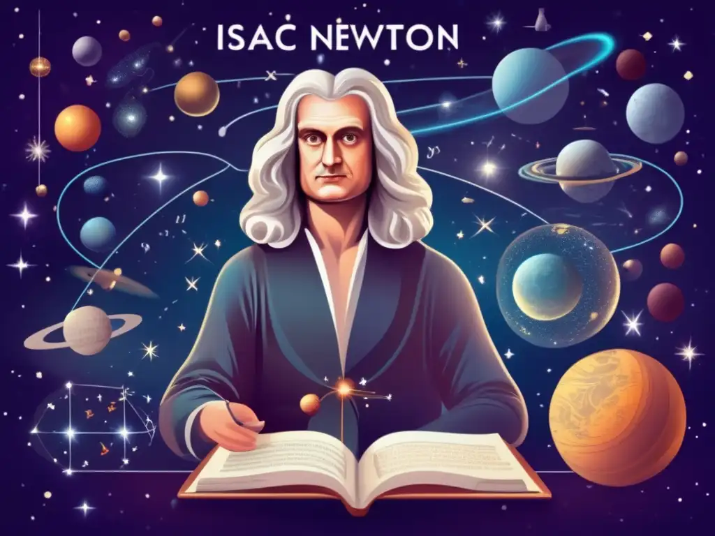 Isaac Newton inmerso en la contemplación, rodeado de galaxias y fuerzas gravitatorias