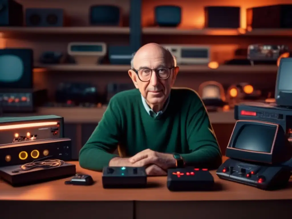Ralph Baer inmerso en su taller rodeado de prototipos de consolas de videojuegos, reflejando determinación y creatividad
