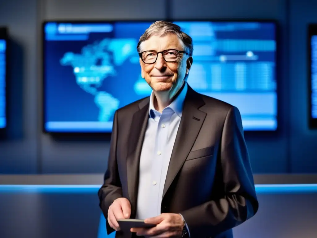 Bill Gates inmerso en tecnología de vanguardia, rodeado de innovación, con determinación