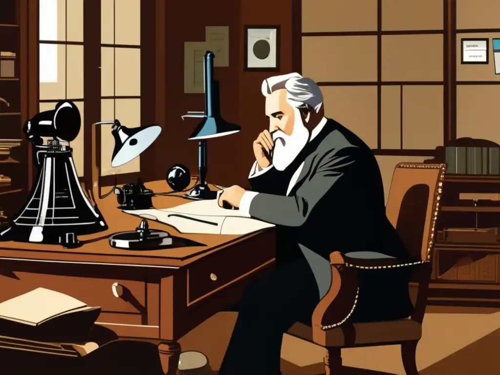 Alexander Graham Bell inmerso en su trabajo, rodeado de prototipos de teléfonos y dibujos técnicos
