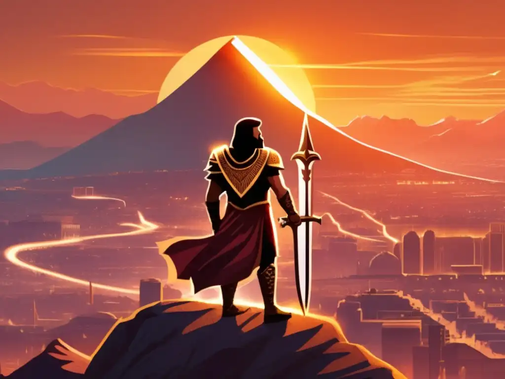Gilgamesh inmortal, de pie en la cima de la montaña al atardecer, con Uruk brillando bajo él
