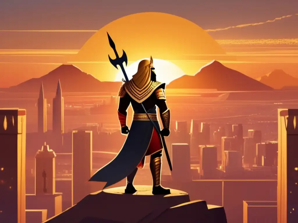 Gilgamesh inmortal, con Uruk a sus pies y el sol dorado a sus espaldas