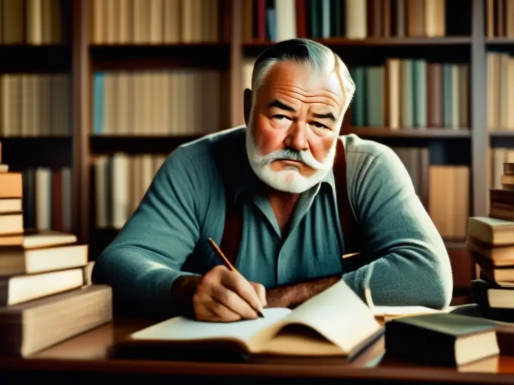 Ernest Hemingway Nobel, inmortalizado en su escritorio, rodeado de libros y papeles, con una expresión contemplativa
