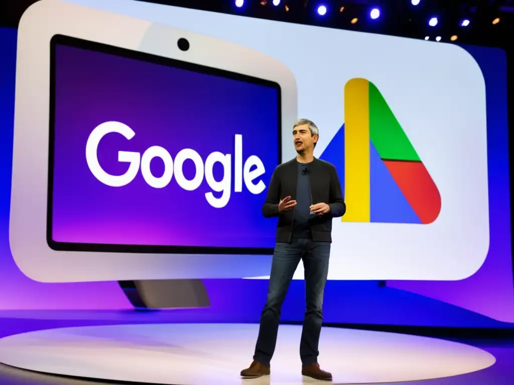 Larry Page presenta una innovación tecnológica en un evento de Google, rodeado de un diseño futurista