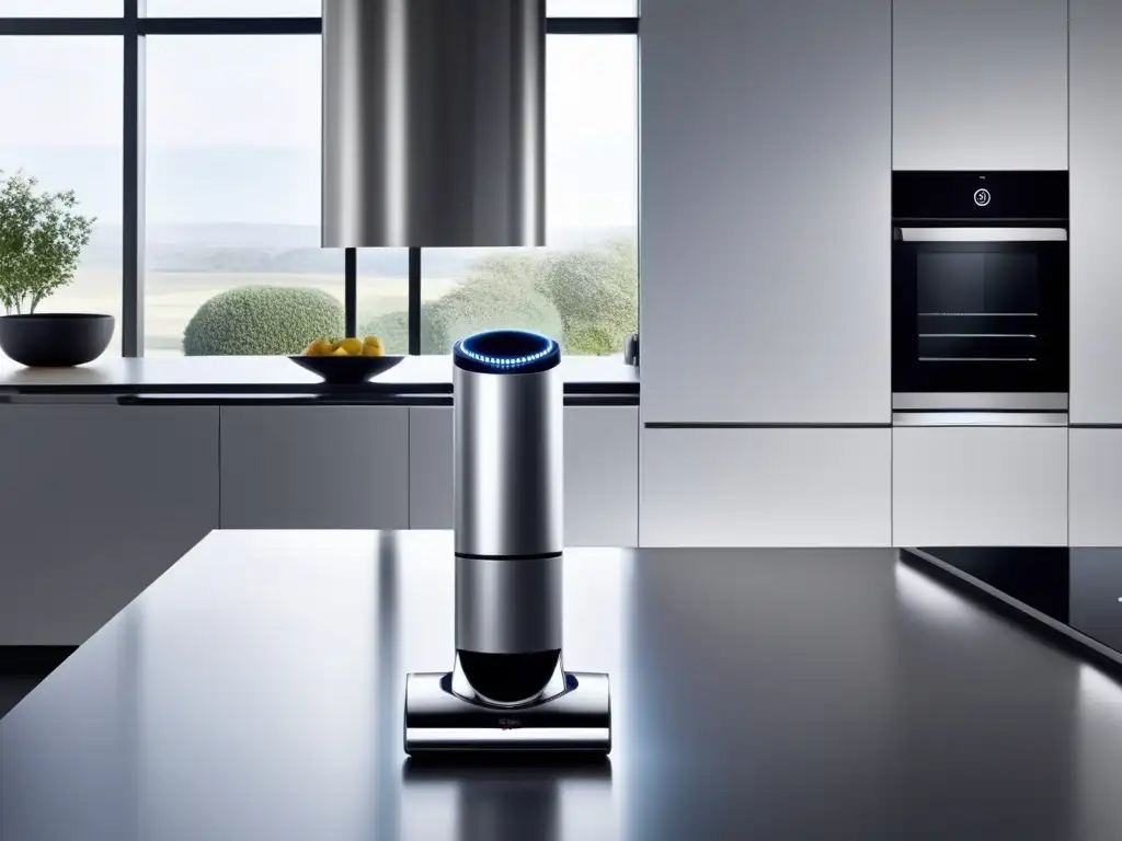 Innovaciones de James Dyson electrodomésticos: Cocina moderna con aspiradora Dyson de diseño vanguardista y elegancia contemporánea