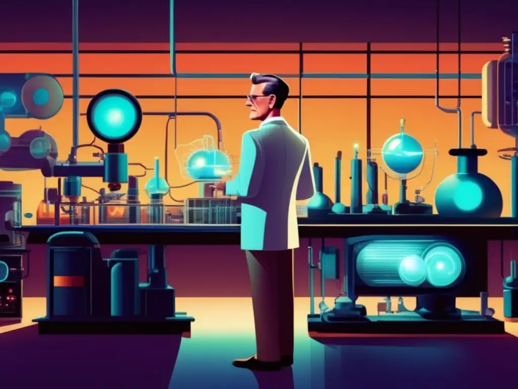 Philo Farnsworth televisión innovador trabaja en su laboratorio rodeado de prototipos y equipo científico, con un ambiente futurista y determinación