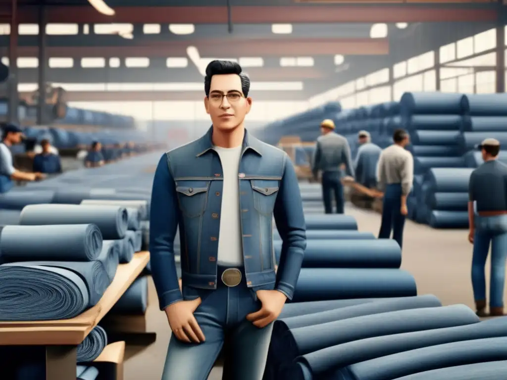 Levi Strauss, el innovador de los jeans, posa orgulloso frente a su bulliciosa fábrica de denim, rodeado de trabajadores y rollos de tela