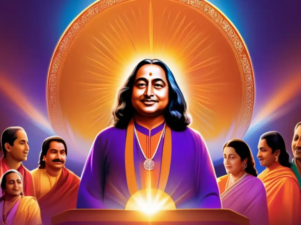Paramahansa Yogananda ofrece una inspiradora conferencia en un auditorio contemporáneo, irradiando sabiduría y espiritualidad