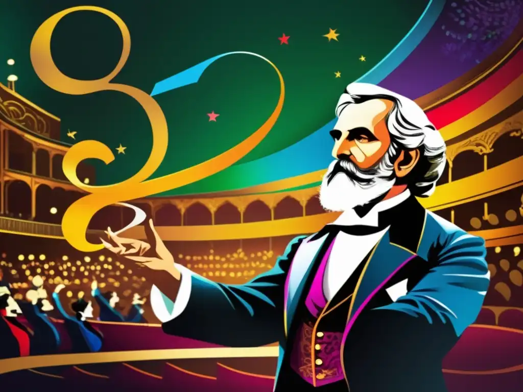 Inspiradora representación digital de Giuseppe Verdi dirigiendo una apasionada ópera, con colores vibrantes y detalles intrincados, capturando la esencia de la ópera italiana