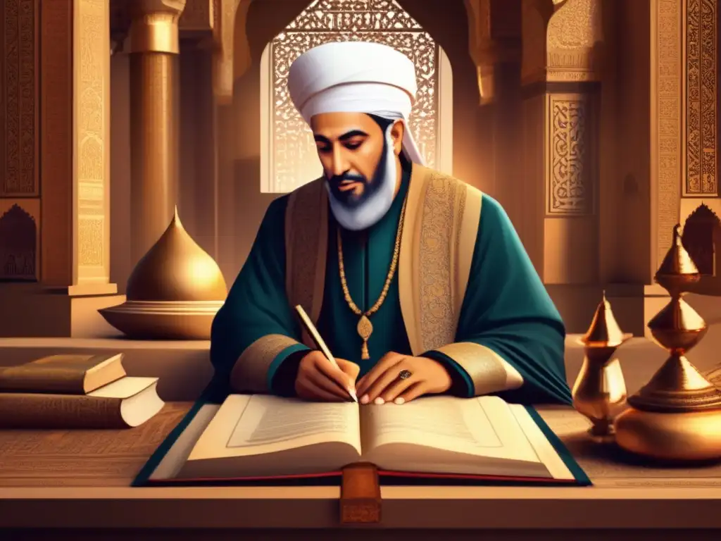 Inspiradora ilustración digital de Ibn Khaldun inmerso en su trabajo académico, rodeado de manuscritos antiguos y elementos arquitectónicos islámicos