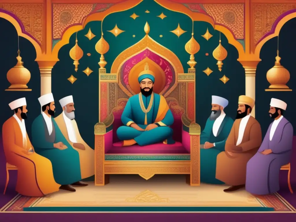 Inspiradora ilustración moderna de Harún al Rashid en su trono, rodeado de eruditos y poetas