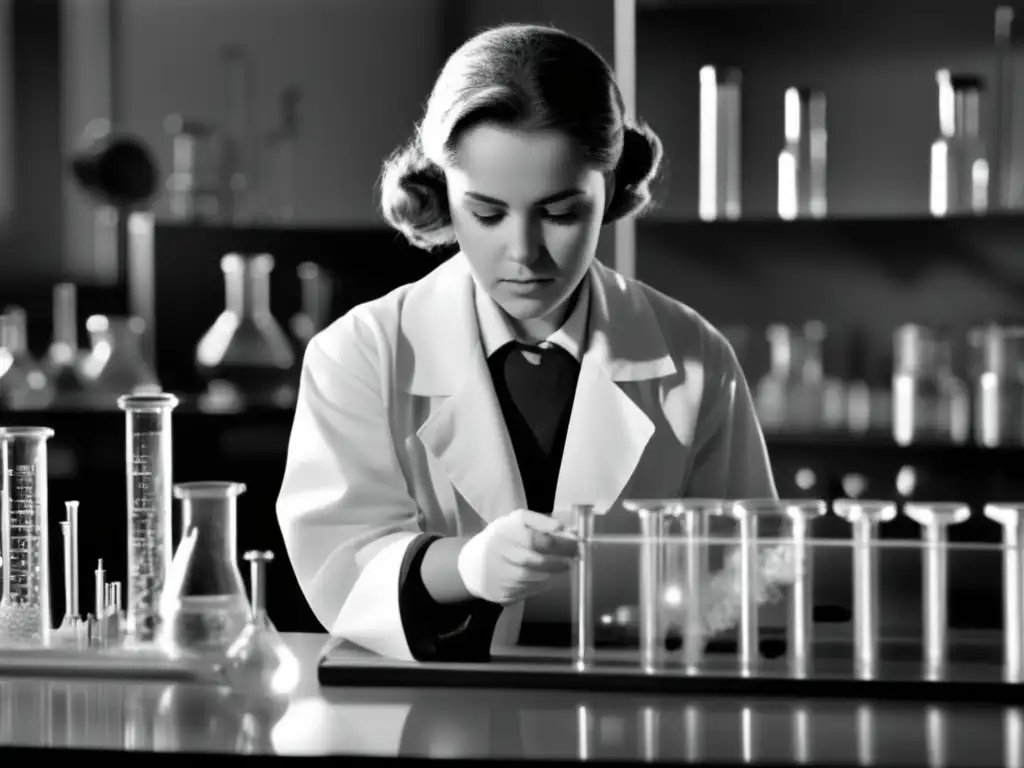 La inspiradora Gerty Cori Nobel concentra su pasión en el laboratorio, observando una probeta con líquido burbujeante