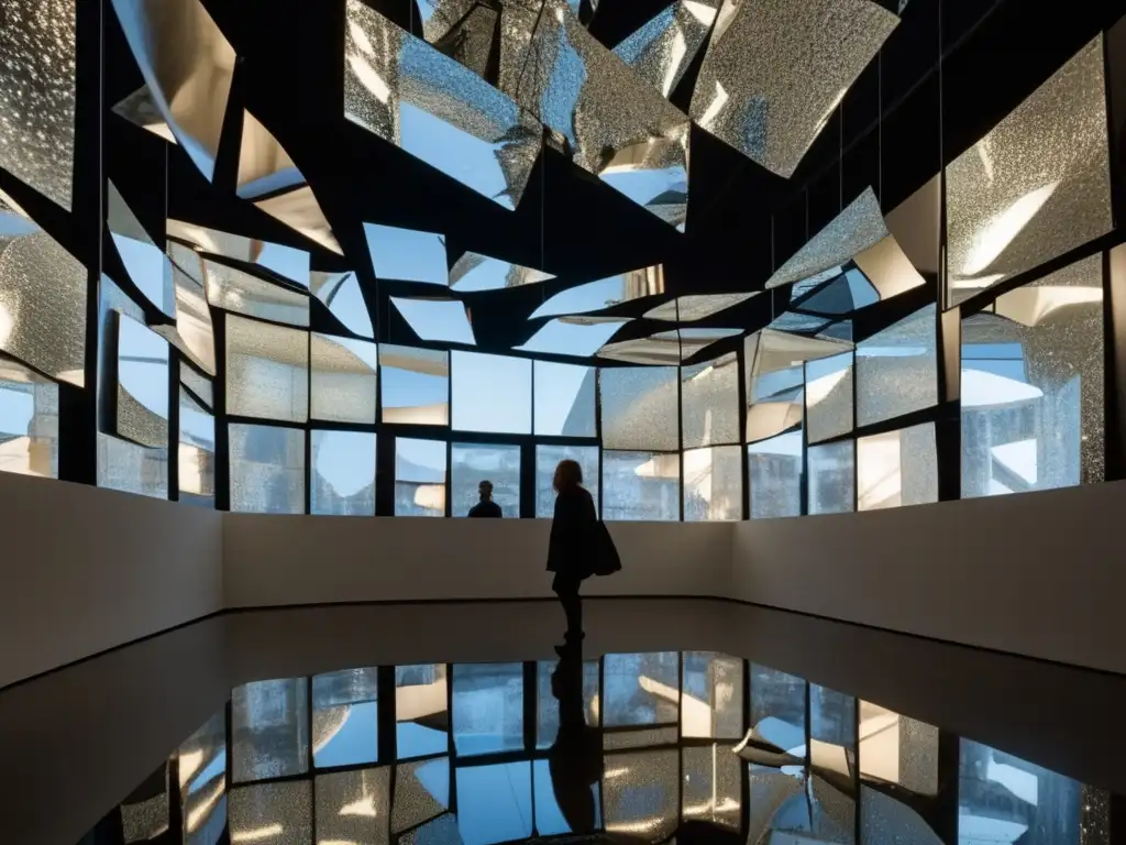 Una instalación de arte contemporáneo con espejos fragmentados suspendidos del techo, creando una atmósfera caótica e intrigante
