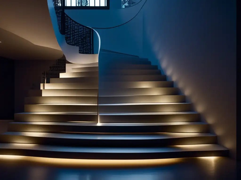 Una instalación de arte contemporáneo evoca el viaje a través de la memoria y el tiempo, con una escalera adornada con fragmentos de texto y delicadas agujas de reloj flotantes en un espacio tenue y sereno