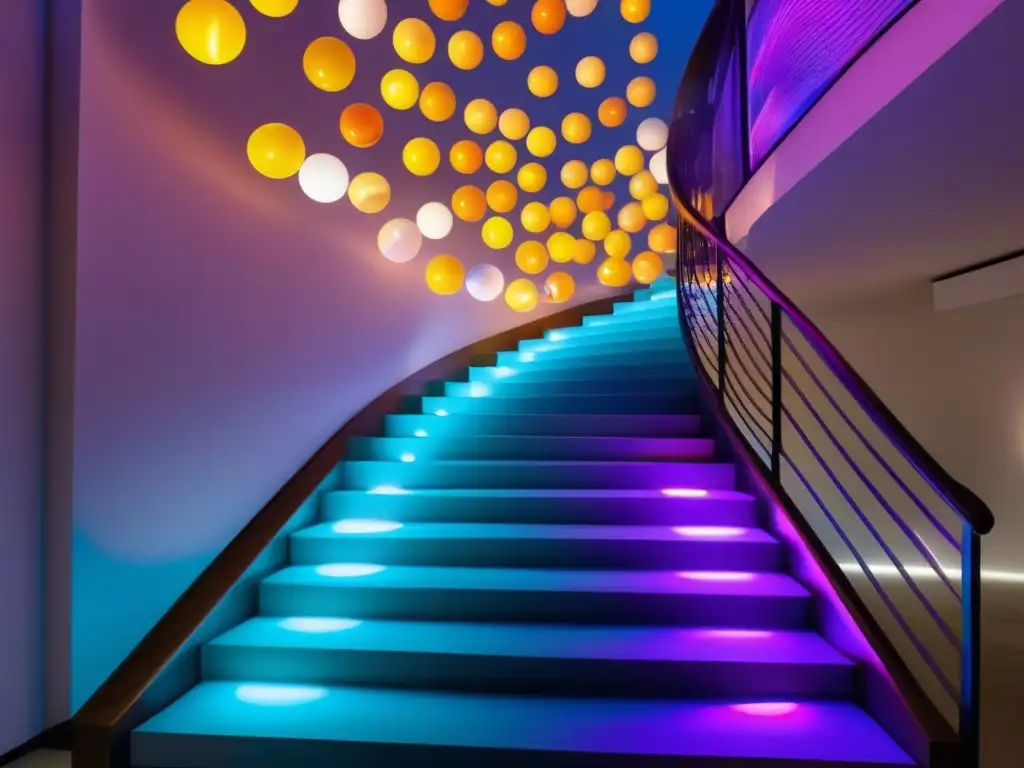 Una instalación de arte moderno con una escalera de caracol y colores vibrantes