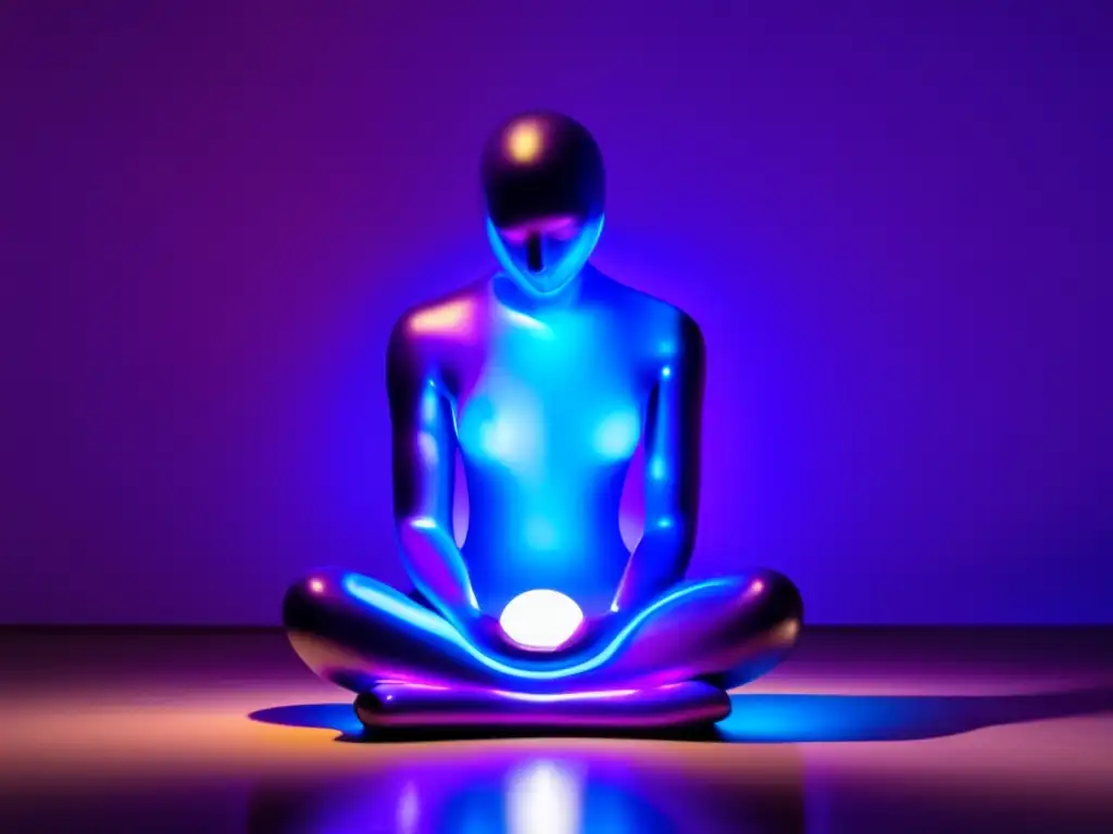 La instalación de arte moderno muestra una escultura minimalista en profunda contemplación, rodeada de luces LED en tonos azules y morados