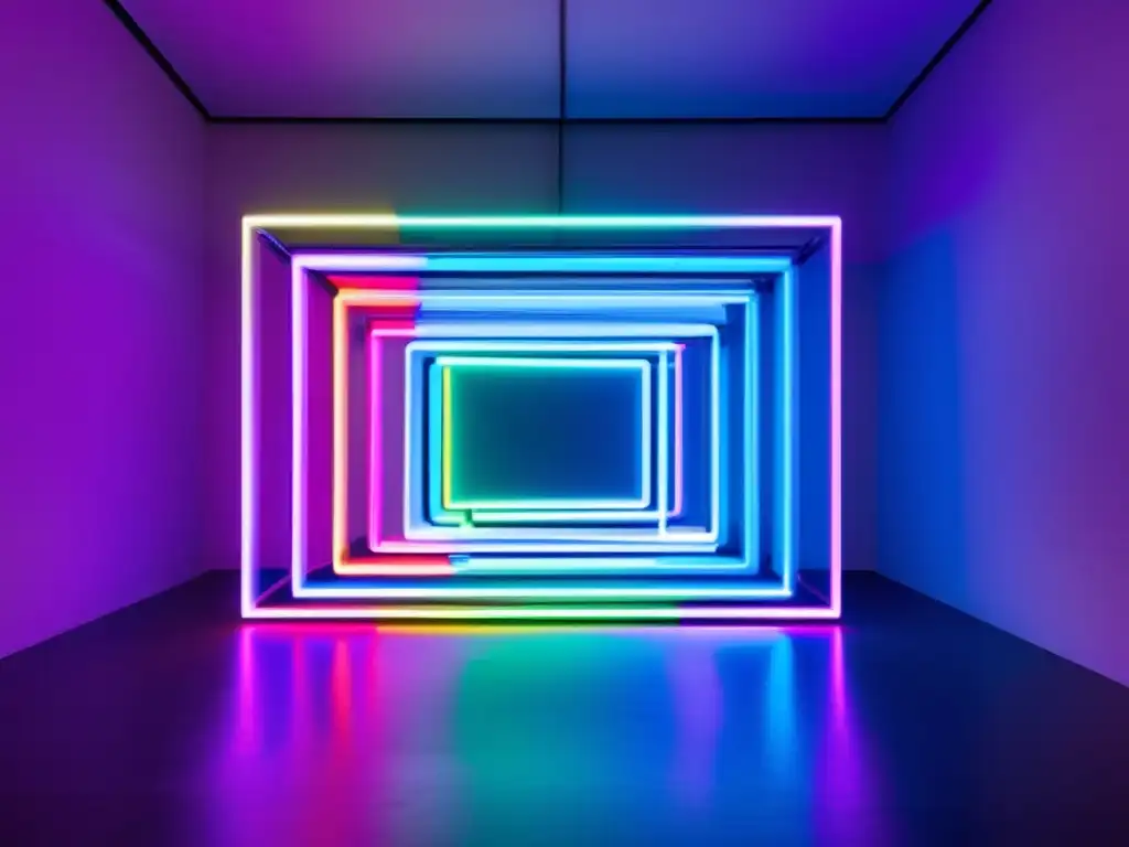 Una instalación de arte moderno con luces de neón entrelazadas en colores vibrantes, reflejando intensamente en el entorno