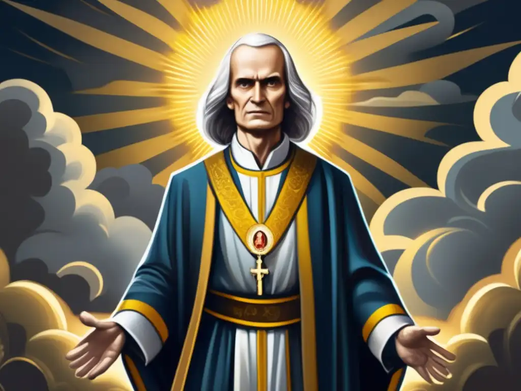 San Juan María Vianney: lucha espiritual y luz divina San Juan María Vianney en intensa batalla espiritual, con vestimenta sacerdotal, desafiando la oscuridad con determinación y luz divina