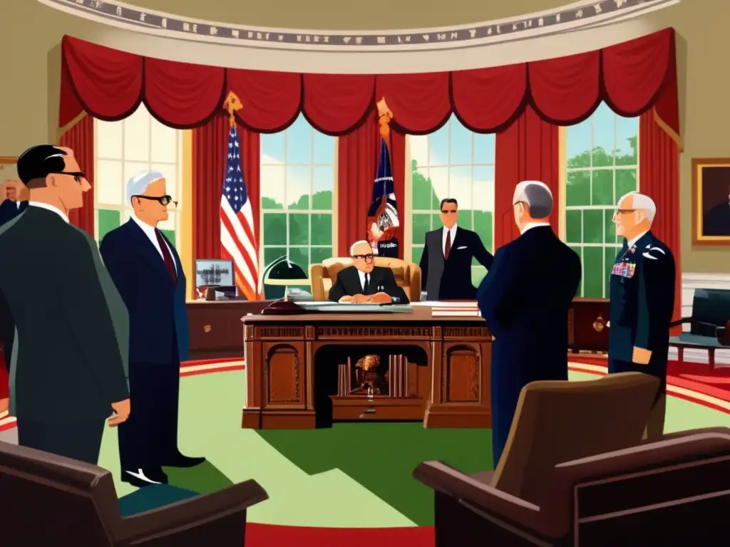 En una intensa discusión en la Oficina Oval, el presidente Truman y sus asesores deliberan sobre la decisión atómica en la Segunda Guerra Mundial