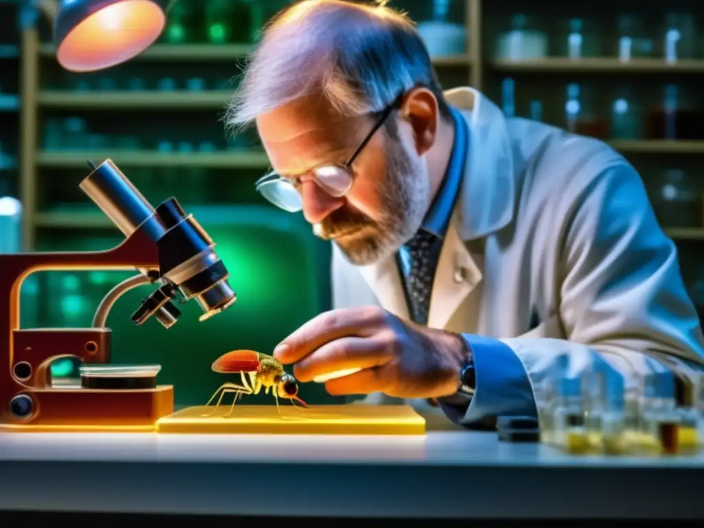 Bajo la intensa luz del microscopio, Thomas Hunt Morgan examina detenidamente una Drosophila melanogaster en su laboratorio