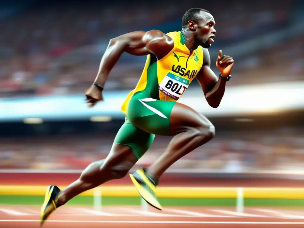 Usain Bolt corriendo con intensa determinación, músculos tensos y pista borrosa