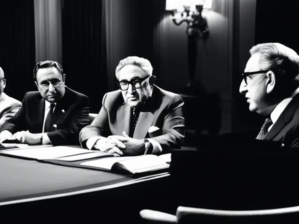Henry Kissinger lidera una intensa negociación diplomática, con un ambiente tenso y cargado de historia, destacando su papel en Vietnam