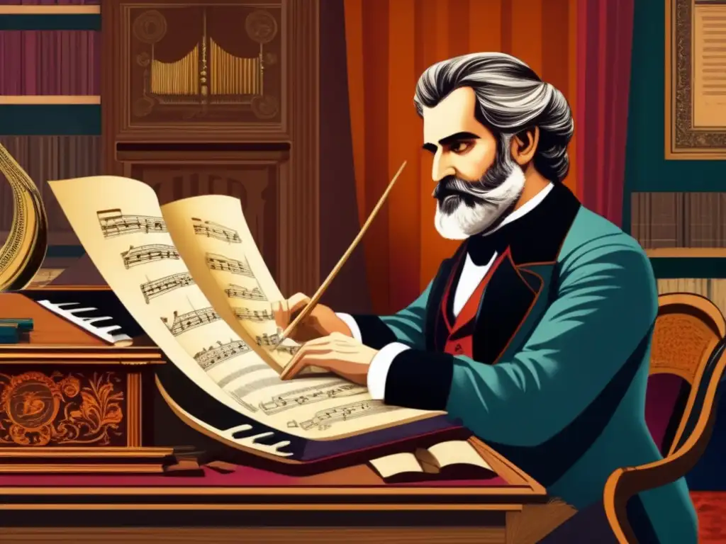 Giuseppe Verdi, con intensa concentración, rodeado de instrumentos musicales y partituras detalladas