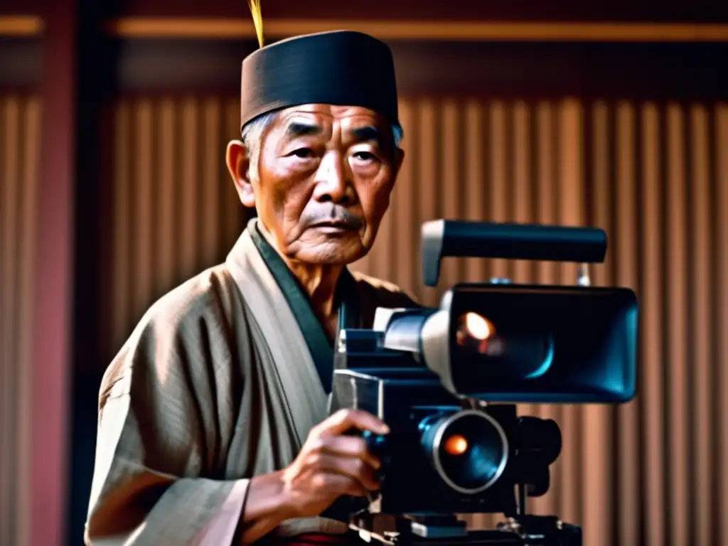 Con intensa determinación, Akira Kurosawa viste ropa tradicional japonesa, sostiene un guion y se encuentra frente a una cámara de cine