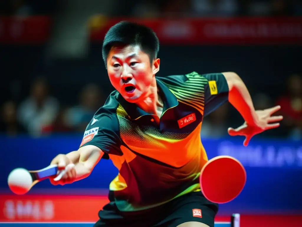 La intensa determinación en el rostro de Ma Long se refleja mientras ejecuta un smash potente en el pingpong