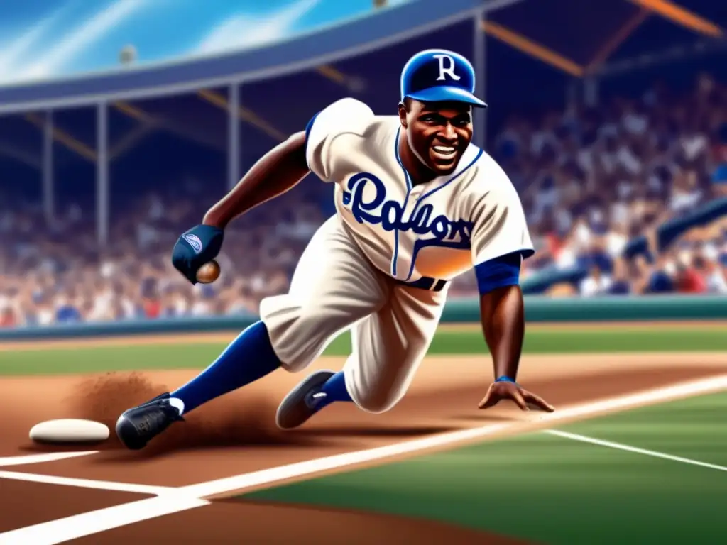 Jackie Robinson lucha béisbol con intensidad y determinación en esta ilustración digital de alta resolución